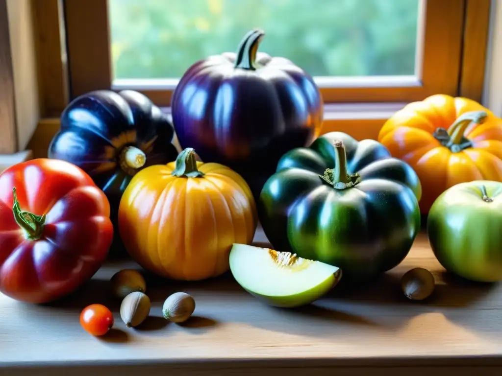 Una mesa rústica de madera cubierta con una variedad de vibrantes ingredientes orgánicos para recetas de otoño, iluminada por suave luz natural