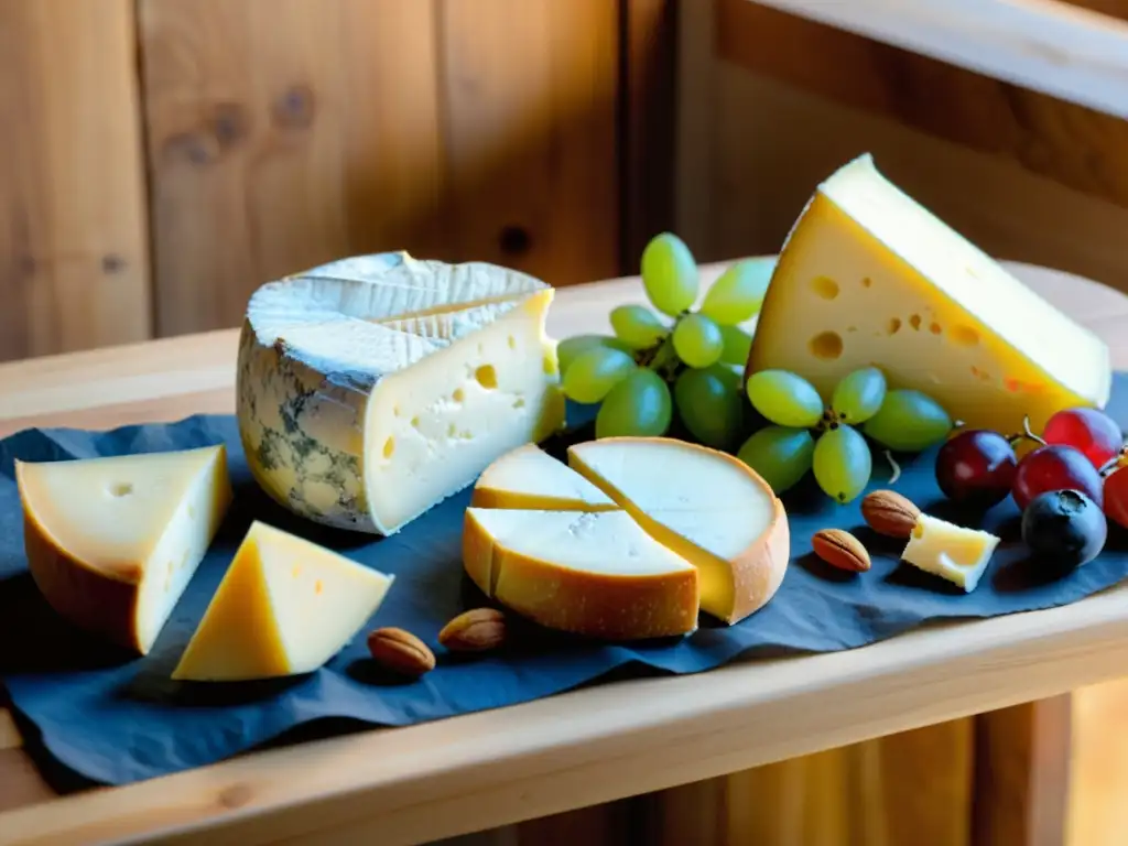 Una mesa rústica de madera con una exquisita variedad de quesos orgánicos, frutas, nueces y panal de miel, bañada por suave luz natural