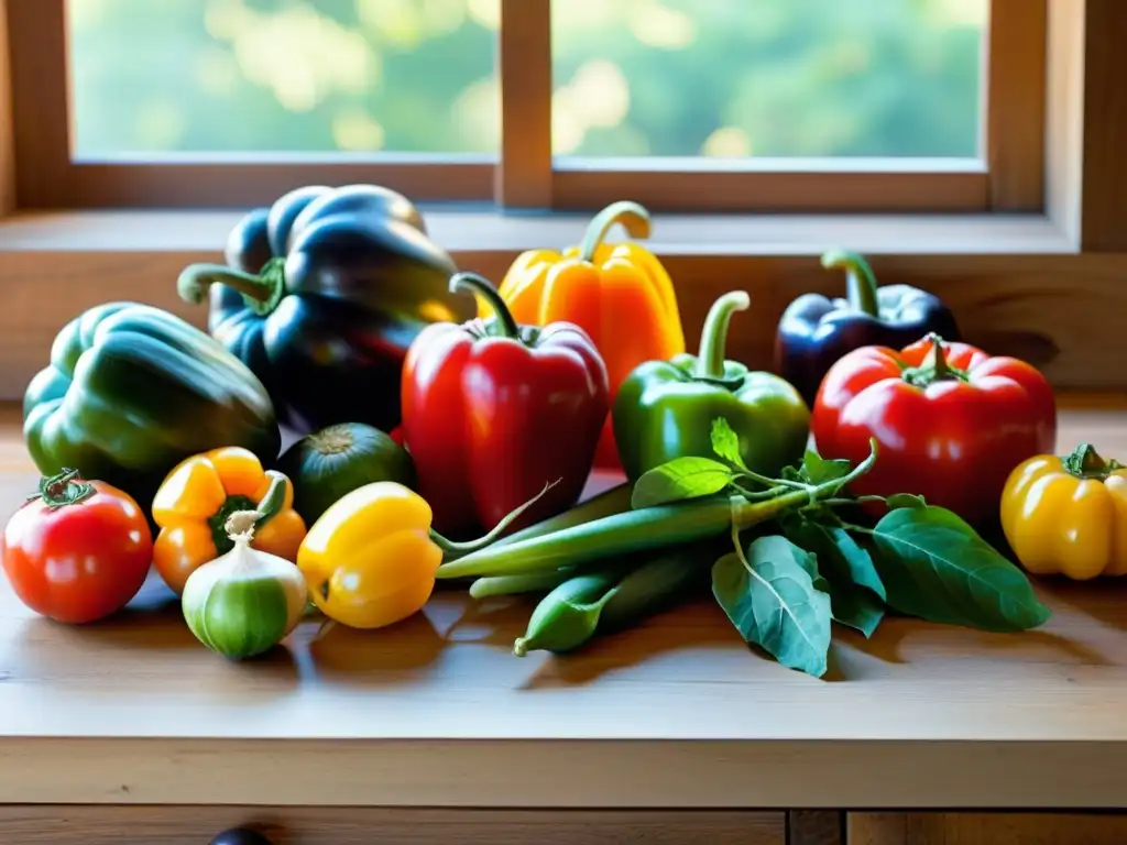 Una mesa rústica de madera con frutas y verduras orgánicas recién cosechadas, iluminada por luz natural