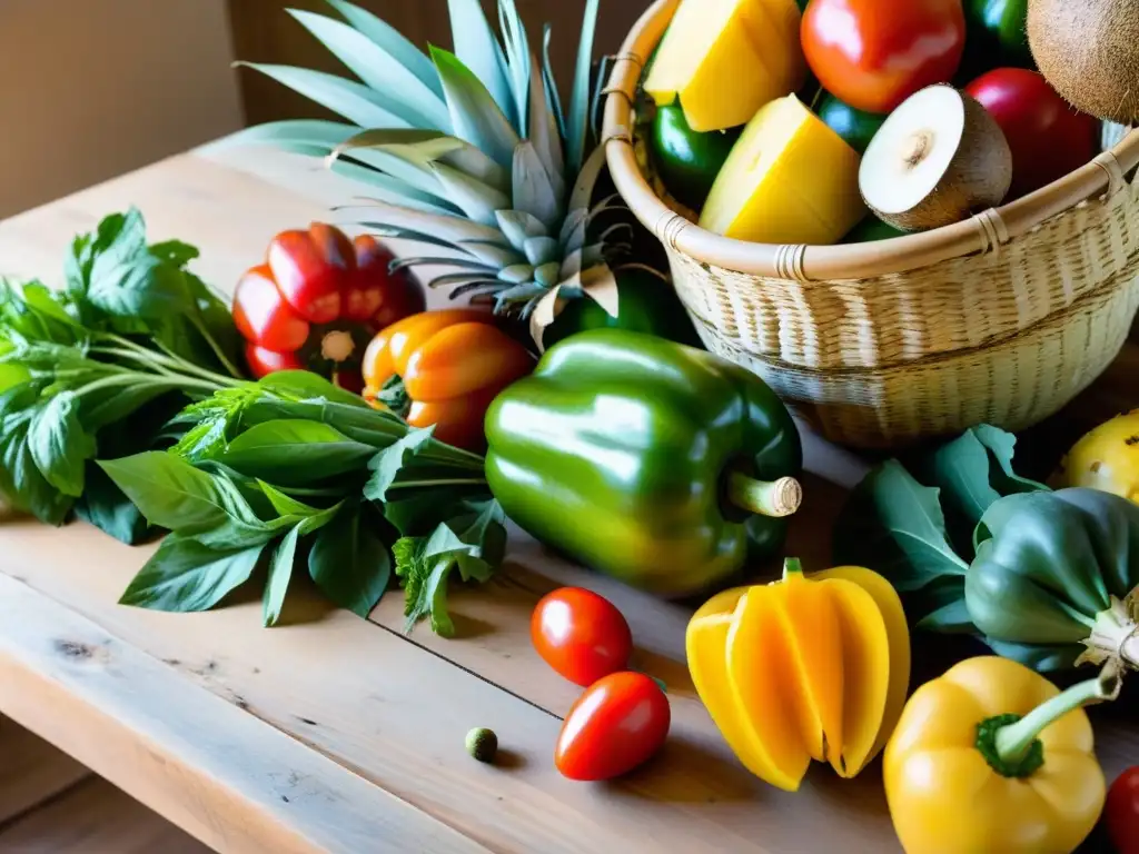 Una mesa rústica de madera con frutas tropicales y vegetales orgánicos, iluminada por luz natural