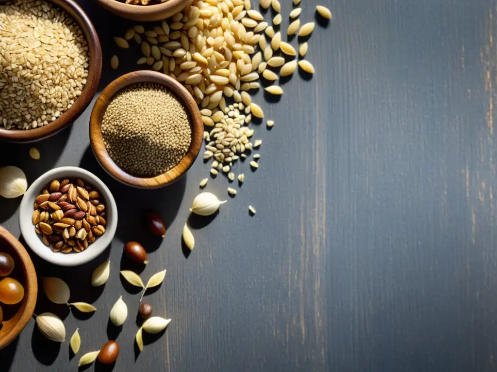 Una mesa rústica de madera con granos integrales orgánicos, bañados por luz natural