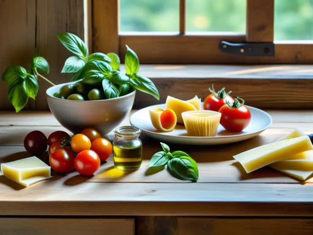 Una mesa rústica de madera con ingredientes orgánicos italianos y utensilios culinarios, iluminada por luz natural