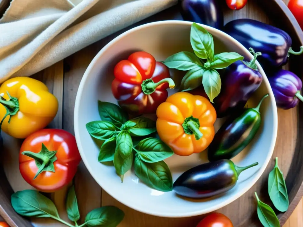 Una mesa rústica de madera rebosante de ingredientes italianos orgánicos vibrantes: tomates, albahaca, berenjenas, pimientos y aceite de oliva