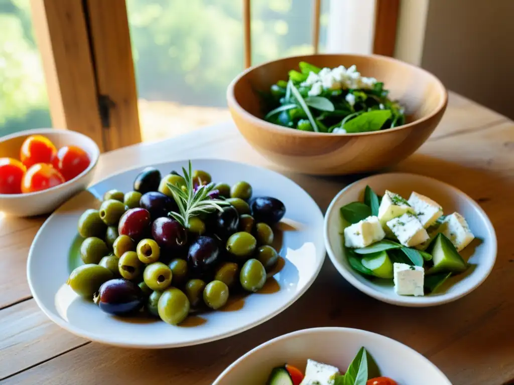 Una mesa rústica de madera con recetas orgánicas griegas con aceitunas, feta y hierbas frescas, bañada por la cálida luz del sol