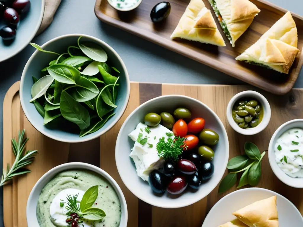 Una mesa rústica con platos de recetas orgánicas griegas con aceitunas, que resplandece con colores y texturas