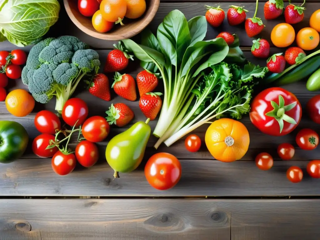 Una mesa rústica rebosante de frutas y verduras orgánicas frescas y coloridas, iluminada naturalmente