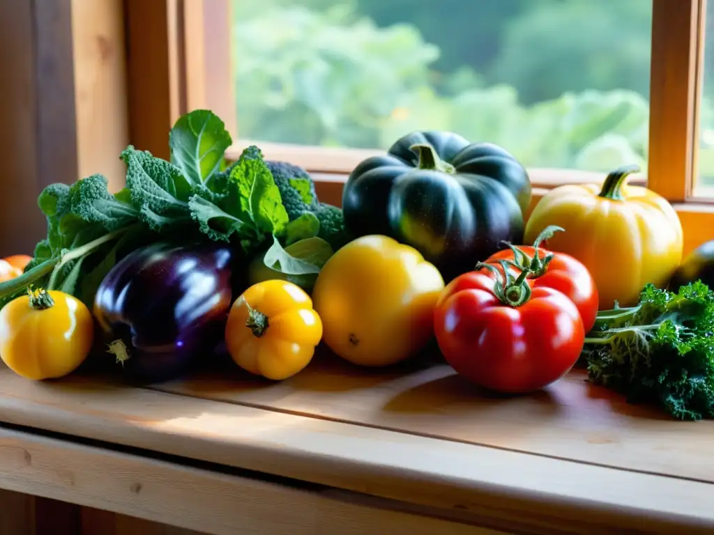 Una mesa rústica con una variedad de frutas y verduras orgánicas frescas