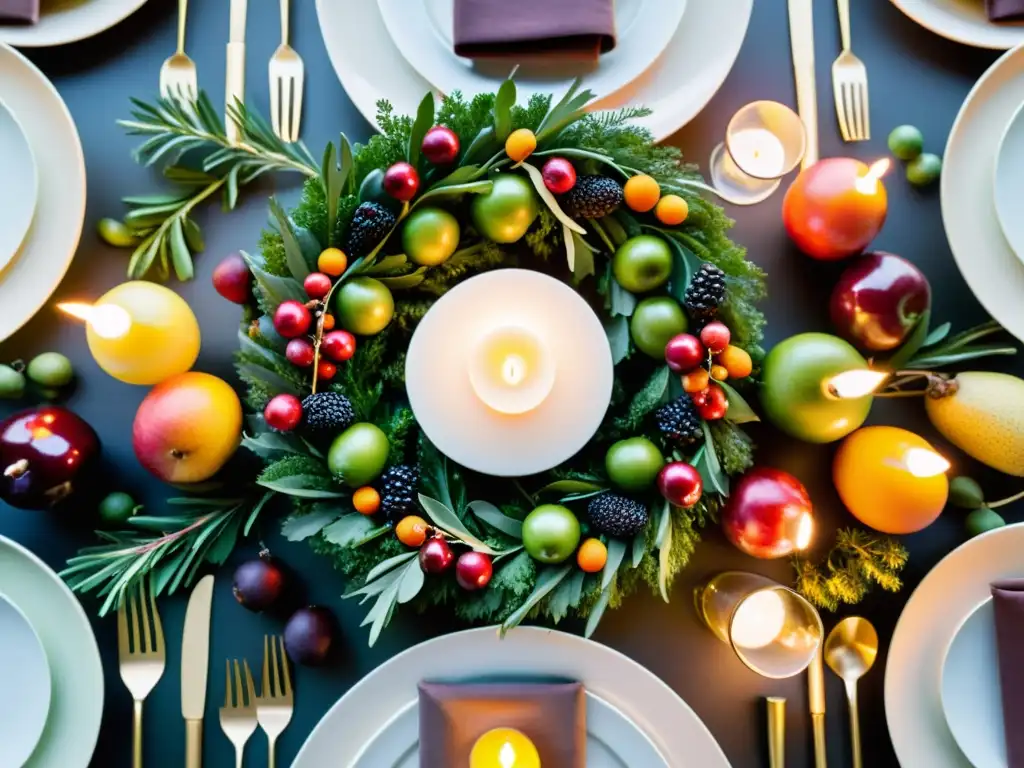 Una mesa de vacaciones bellamente decorada con platos elegantes, orgánicos y festivos