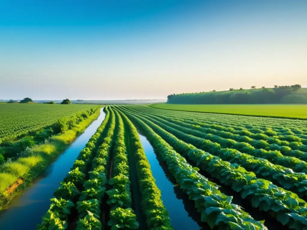 Métodos de riego ecológico en cultivos orgánicos: hermosa granja con campos verdes y un arroyo bajo el cálido sol