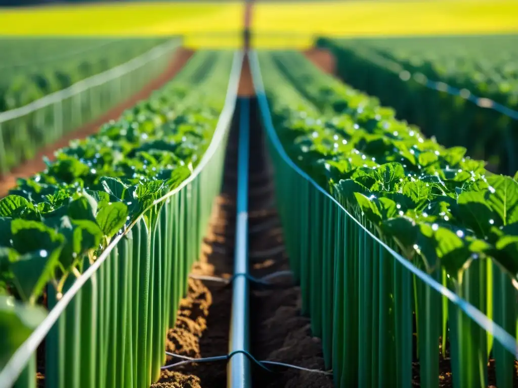 Métodos de riego sostenible en una granja orgánica, con un sistema de goteo innovador que nutre las plantas en un entorno exuberante