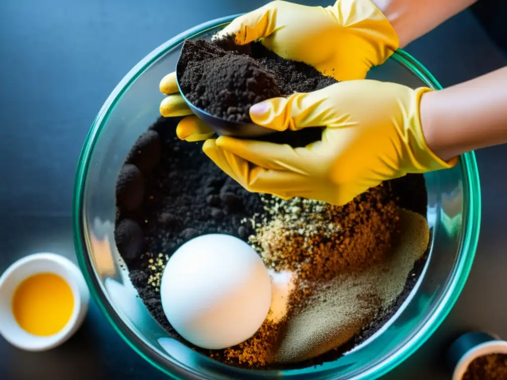 Mezcla casera de fertilizantes orgánicos con compost, posos de café y cáscaras de huevo en un tazón de vidrio