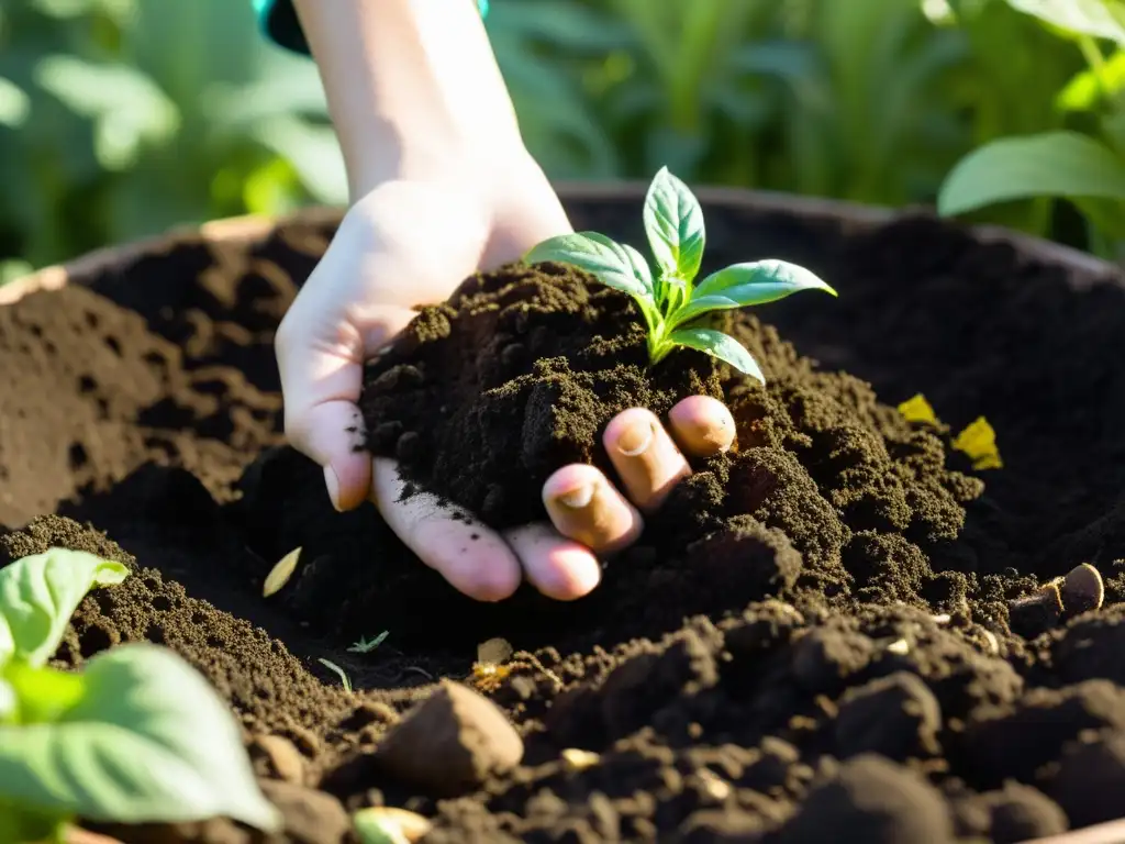 Mezcla de té de compost para huerto orgánico en tierra fértil con plantas exuberantes y vida microbiana vibrante bajo la cálida luz del sol