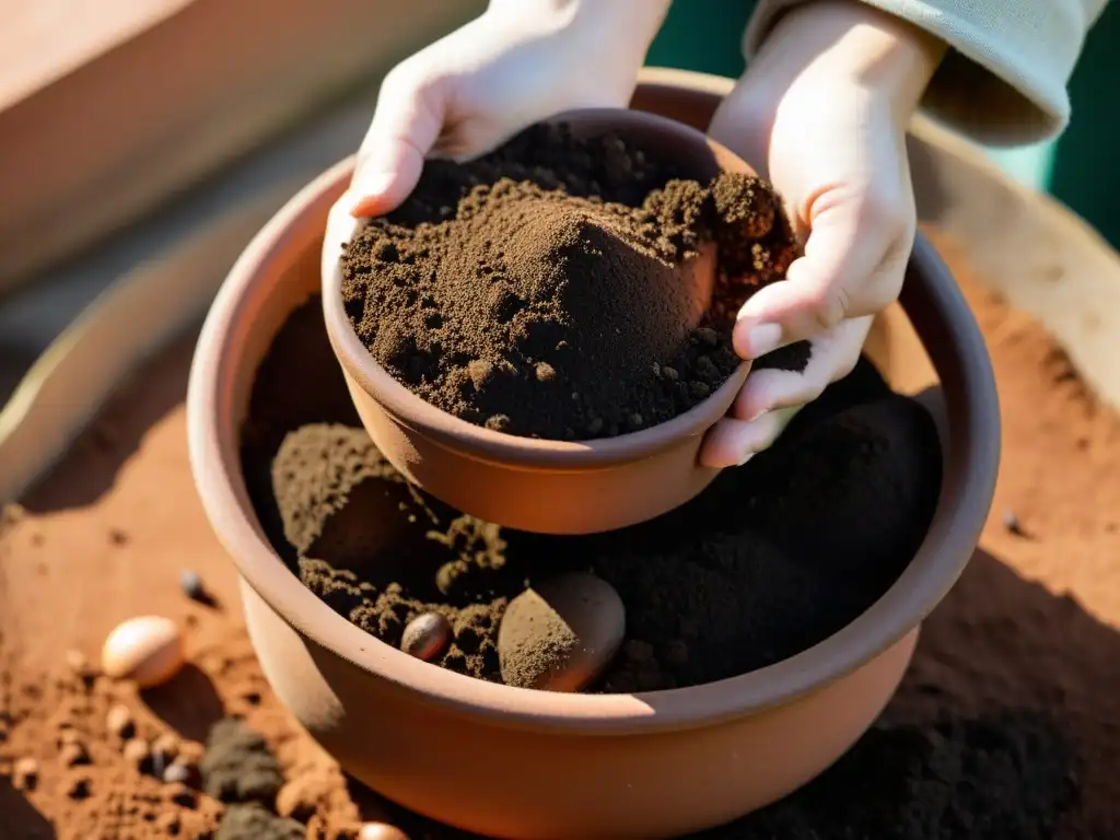 Mezcla de fertilizantes orgánicos caseros en tierra oscura en maceta de terracota, destacando su naturaleza sostenible y textura visualmente atractiva