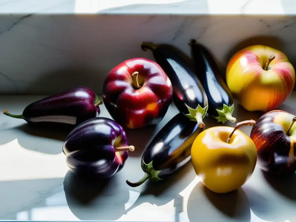 Una mezcla vibrante de ingredientes orgánicos para recetas de otoño, incluyendo manzanas rojas, calabazas multicolores, berenjenas moradas y maíz dorado, sobre una encimera de mármol blanco