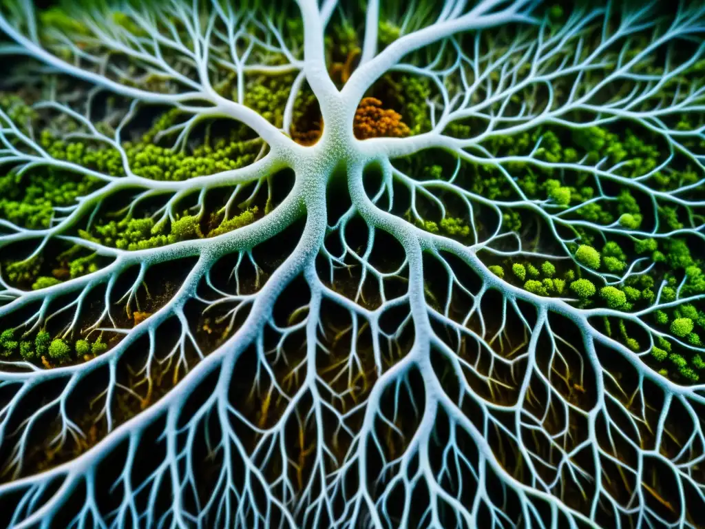 Red de hongos micorrícicos en simbiosis con raíces de planta orgánica Micorrizas en alimentos orgánicos: Detalle de micelio entrelazado con raíces de planta sana, simbiosis natural de vibrante vitalidad