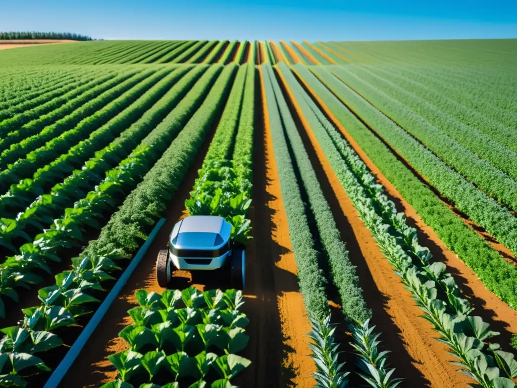 Un robot agrícola moderno trabaja entre cultivos verdes, fusionando tecnología y naturaleza en agricultura orgánica sostenible