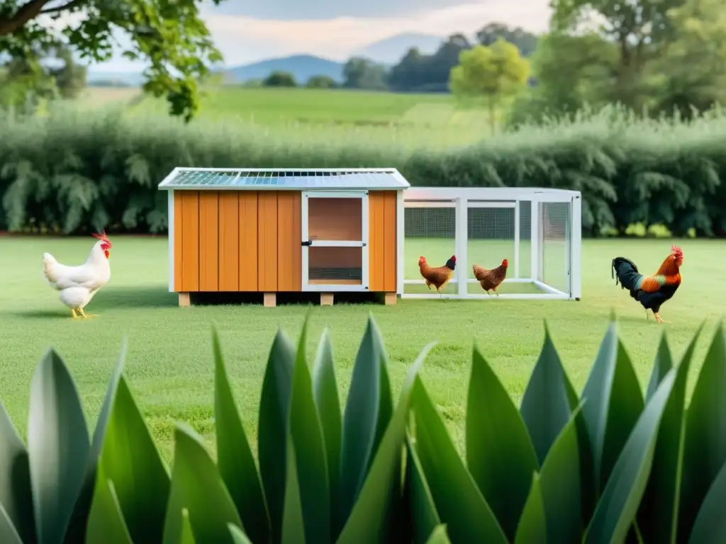 Un moderno gallinero en una granja orgánica, rodeado de gallinas felices