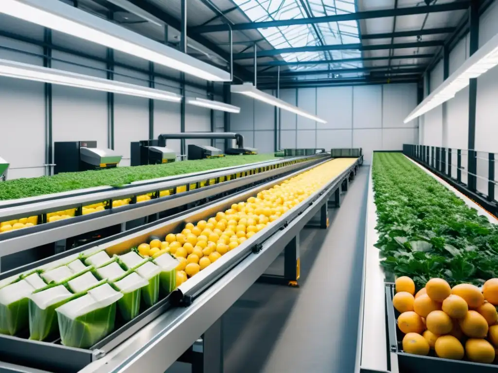 Moderno almacén con innovaciones tecnológicas logística alimentos orgánicos, destacando fusión entre tecnología y naturaleza