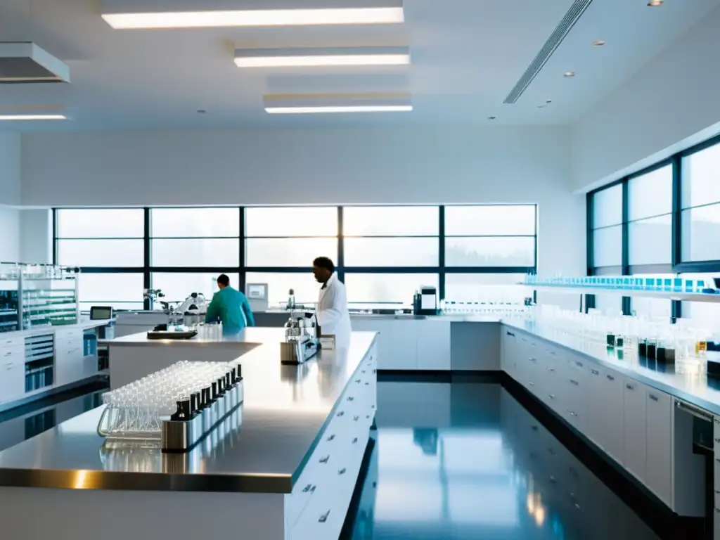 Moderno laboratorio blanco con científicos discutiendo estrategias reducción residuos industria orgánica, rodeados de equipamiento científico