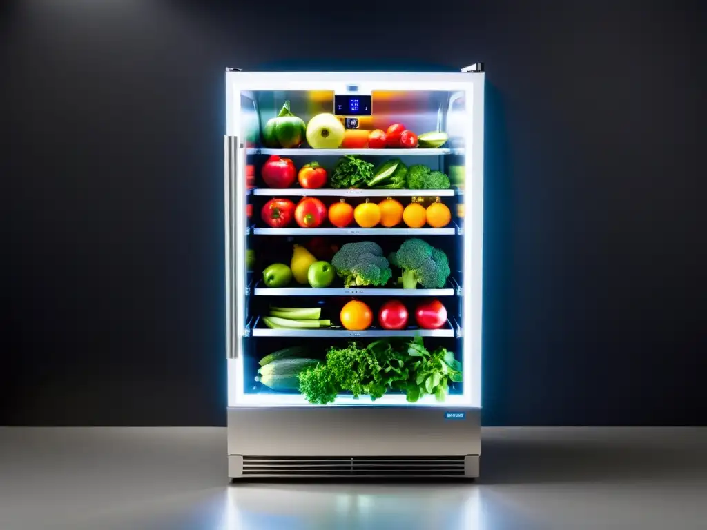 Un moderno refrigerador exhibe innovaciones en almacenamiento de alimentos orgánicos con frutas y verduras frescas organizadas y tecnología avanzada