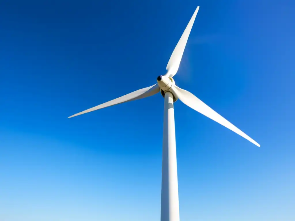 Un molino de viento moderno se alza en un cielo azul claro, capturando la energía del viento