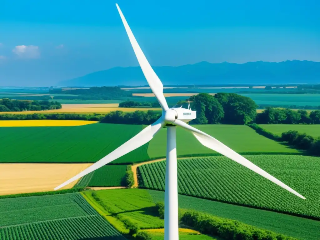 Un molino de viento moderno se alza en una granja orgánica, integrando energía renovable en la naturaleza