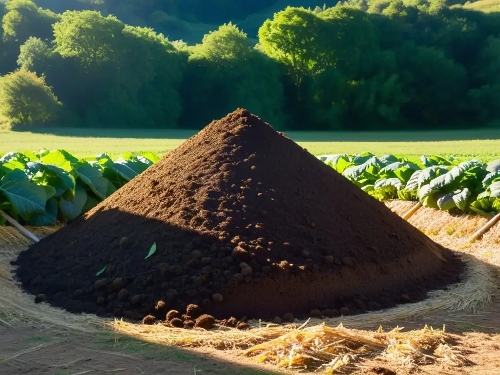 Un montón de compost orgánico en granja, con capas de restos de frutas, vegetales y hojas, iluminado por el sol