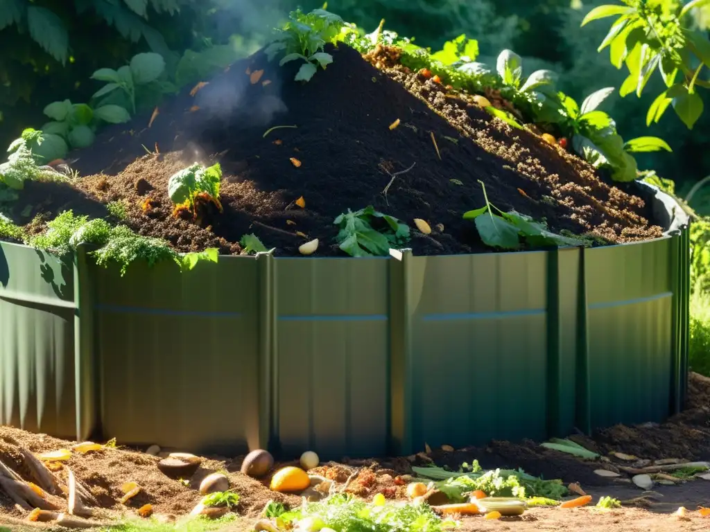 Un montón de compost verde y exuberante se compone de capas de desechos orgánicos, emitie leve vapor debido al proceso natural de descomposición