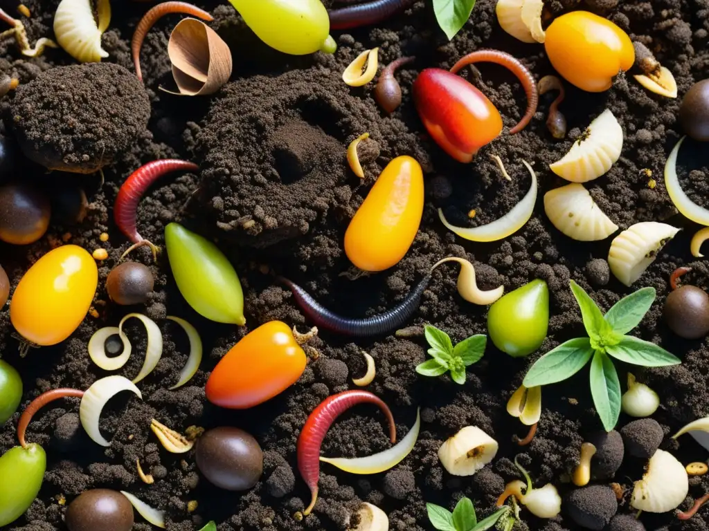 Composta viva: belleza y vitalidad en descomposición orgánica Un montón de compost vibrante y dinámico, con capas de materia orgánica en descomposición y gusanos, muestra técnicas orgánicas para reducir desperdicio