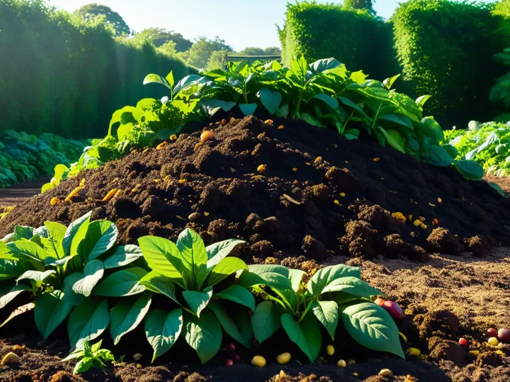 Un montón de compostaje en una granja, rodeado de vegetación exuberante y signos de descomposición