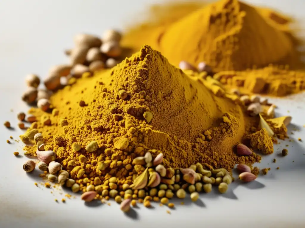 Montón de polvo de cúrcuma orgánica, de color dorado intenso y textura fina, resaltando sus beneficios para inflamación