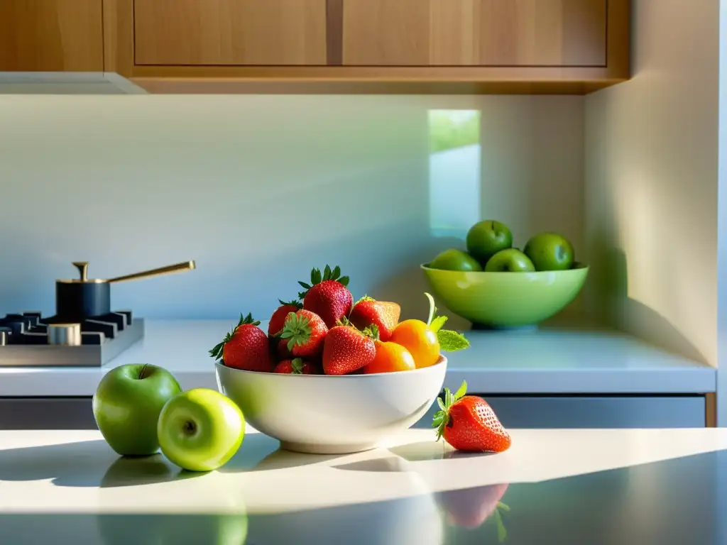 Un mostrador de cocina blanco con frutas y verduras orgánicas