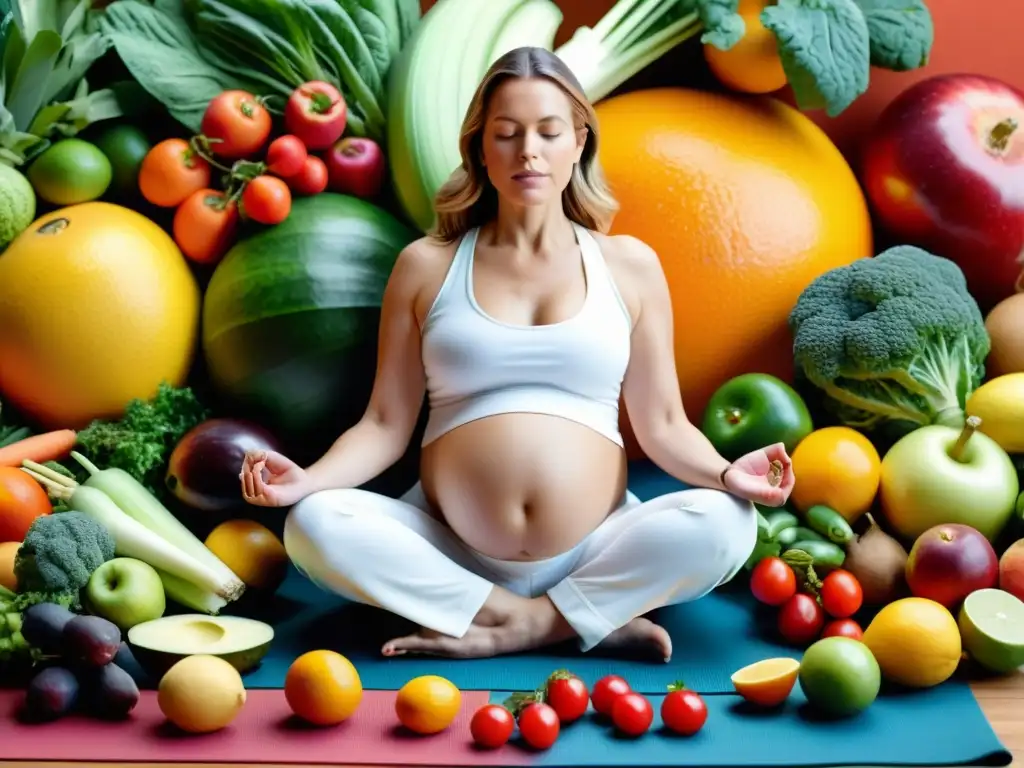 Una mujer embarazada en postura de yoga rodeada de frutas y verduras orgánicas