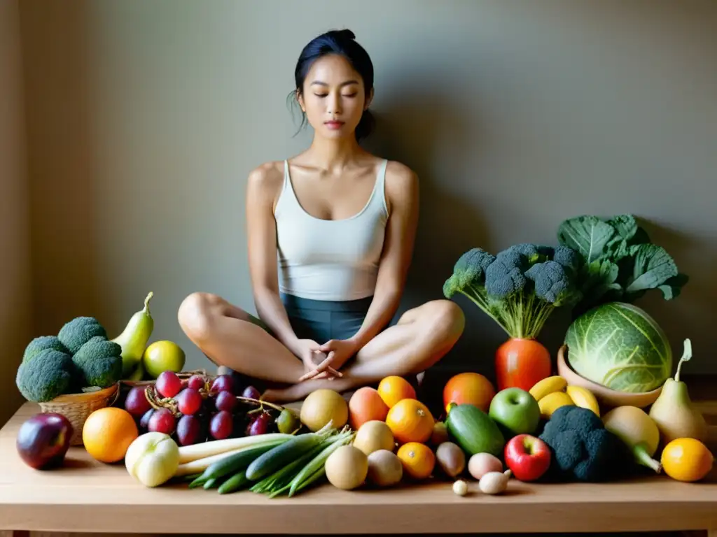 Una mujer embarazada disfruta de una variedad de alimentos orgánicos, transmitiendo paz y bienestar