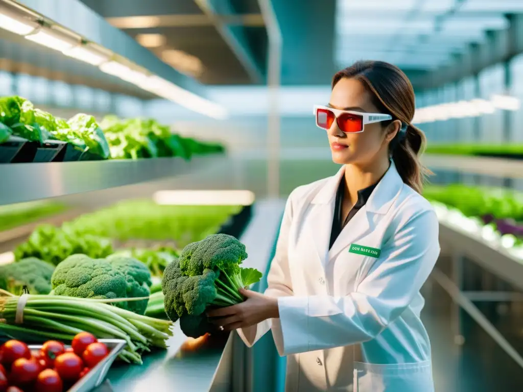 Una mujer en un laboratorio inspecciona vegetales frescos en una instalación de producción de alimentos orgánicos