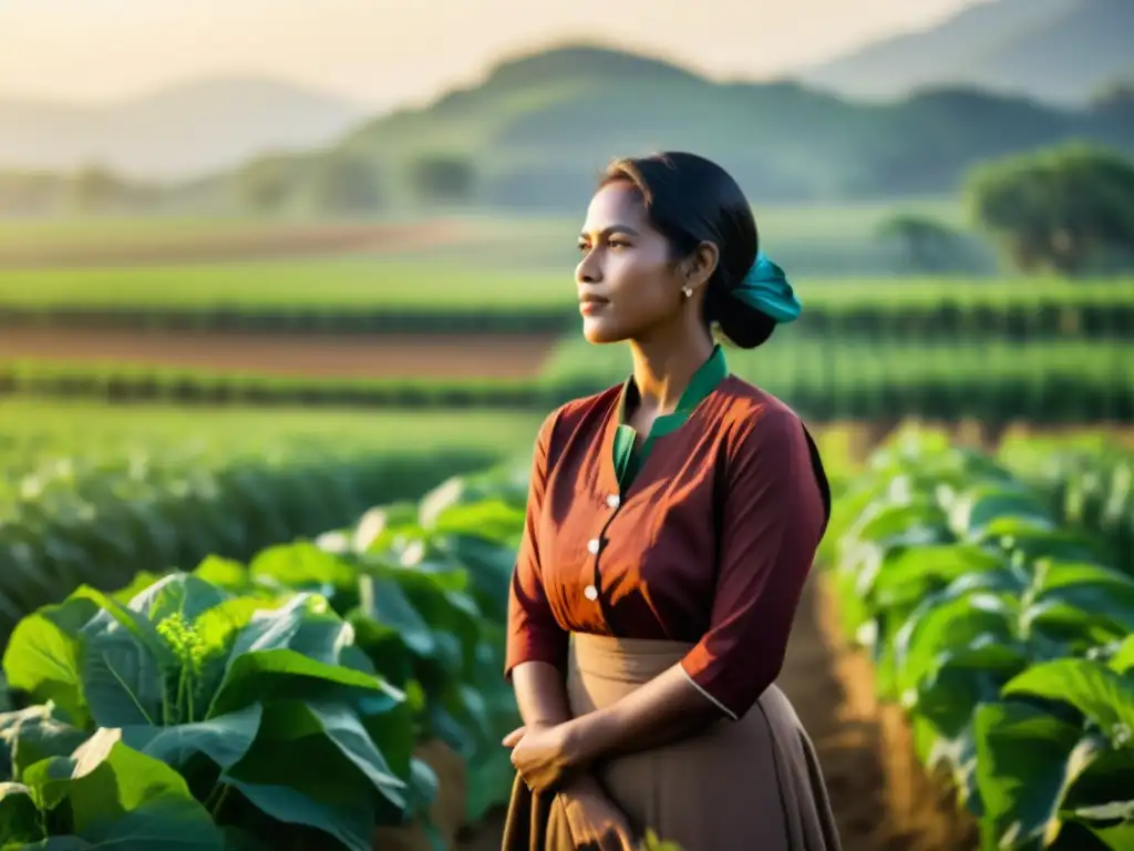 Una mujer líder de la agricultura orgánica supervisa la cosecha en un campo exuberante, irradiando empoderamiento rural