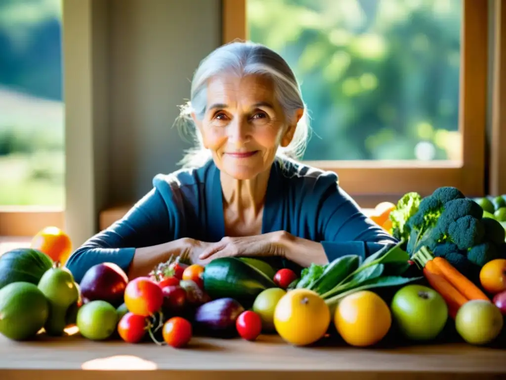 Una mujer mayor con cabello plateado sorprendente disfruta de una variedad de frutas y verduras orgánicas recién cosechadas en una mesa de madera