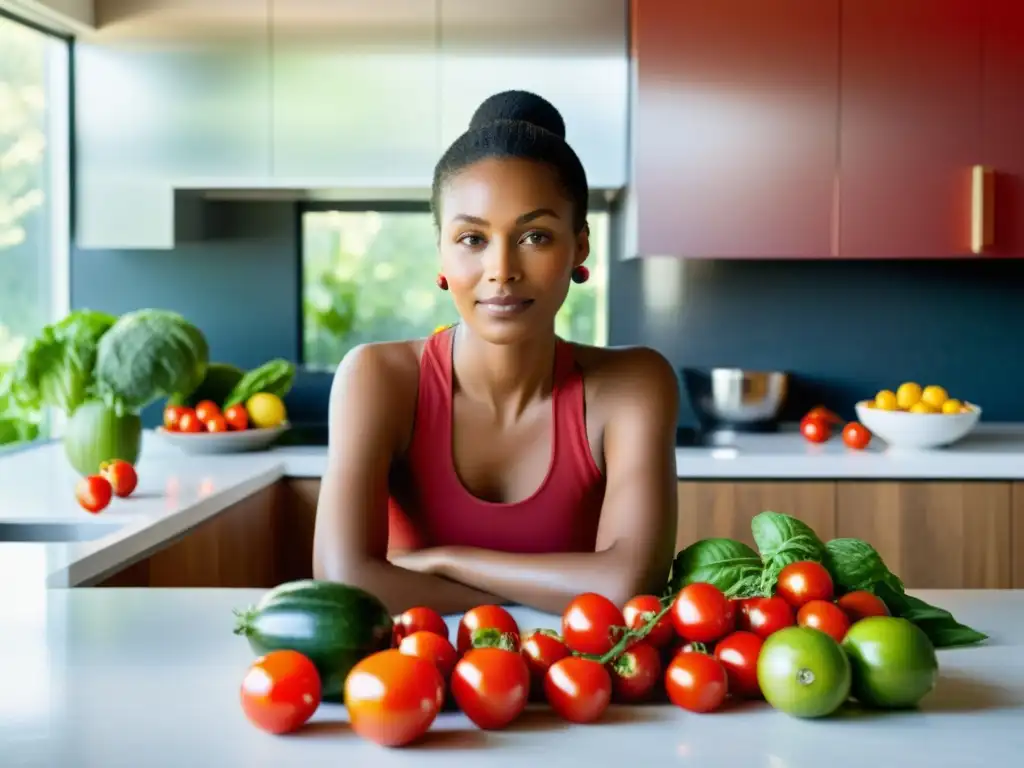 Una mujer contempla serenamente una mesa llena de frutas y verduras orgánicas, destacando la conexión entre alimentos orgánicos y bienestar mental