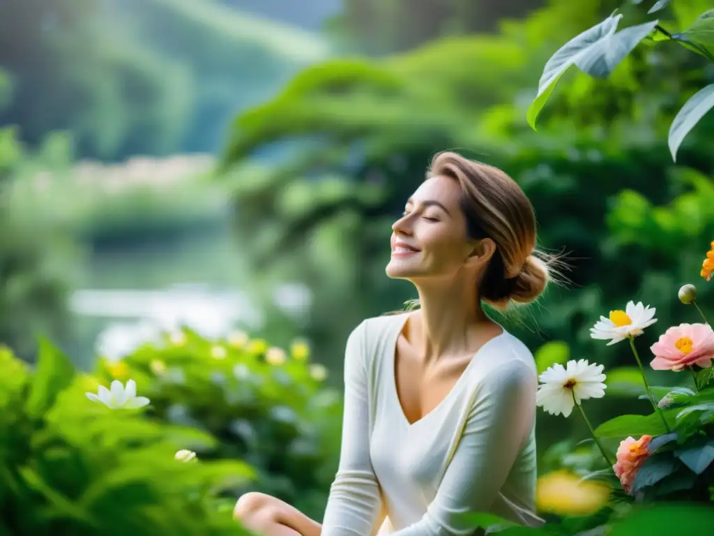 Una mujer disfruta de la tranquilidad en un entorno natural, rodeada de vegetación exuberante y flores vibrantes, transmitiendo bienestar y armonía