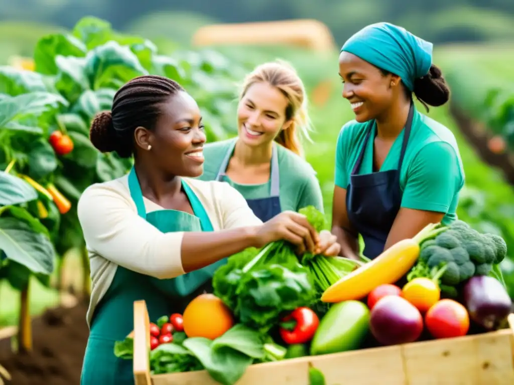 Mujeres en la industria alimentaria orgánica: Diversas mujeres cosechando en una granja orgánica, destacando la colaboración y la sostenibilidad