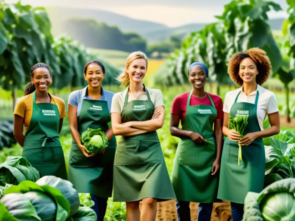 Mujeres en la industria alimentaria orgánica: Un grupo diverso sonríe mientras cosecha en una granja soleada, transmitiendo unidad y empoderamiento