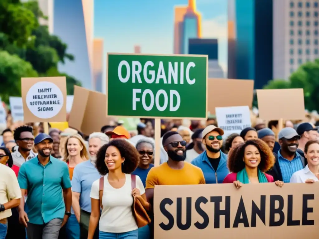 Multitud diversa marcha por alimentos orgánicos, impacto movimientos sociales y sostenibilidad, uniendo comunidad global