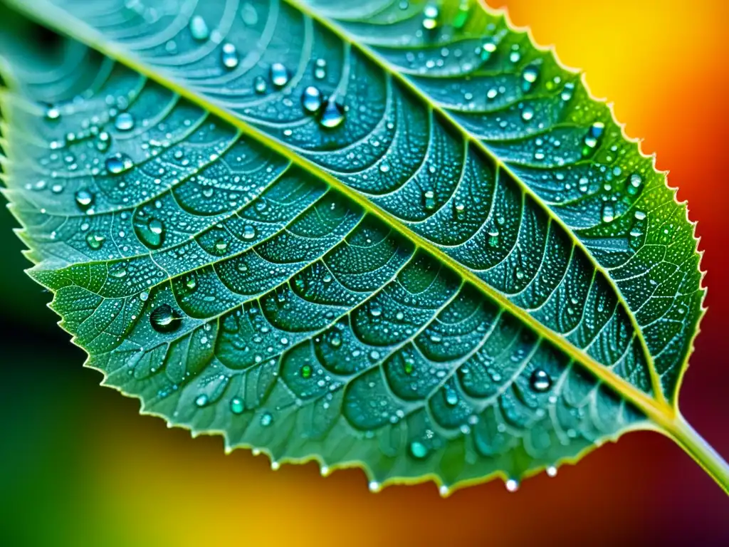 Nanotecnología en el cultivo orgánico: una hoja con gotas de agua que realzan su belleza natural y estructuras microscópicas