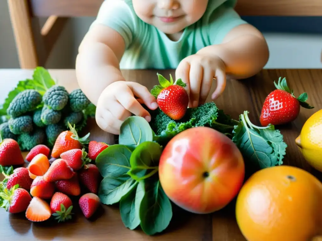 Un niño emocionado alcanza frutas y verduras orgánicas frescas en una mesa de madera