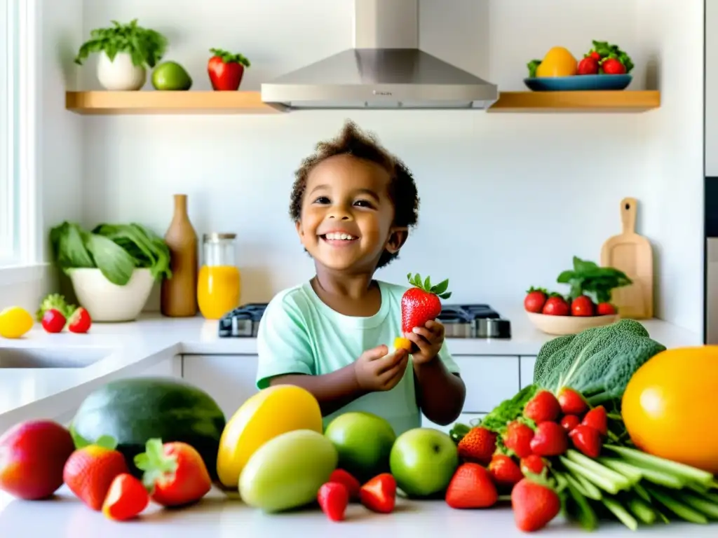 Un niño feliz disfrutando de alimentos orgánicos coloridos en una cocina luminosa