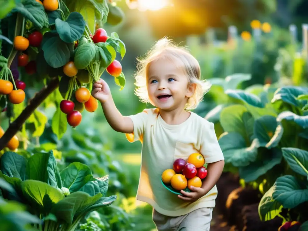 Un niño feliz recolecta frutas y verduras en un exuberante jardín orgánico al atardecer