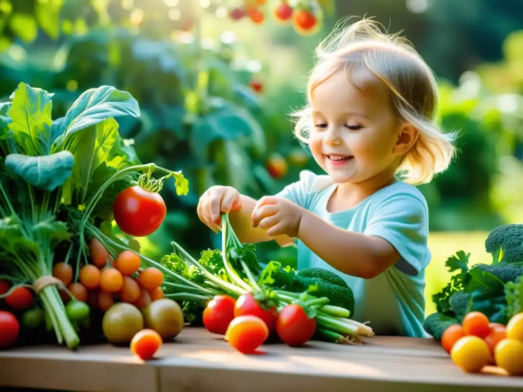 Un niño feliz recolecta frutas y verduras orgánicas en un jardín soleado y vibrante