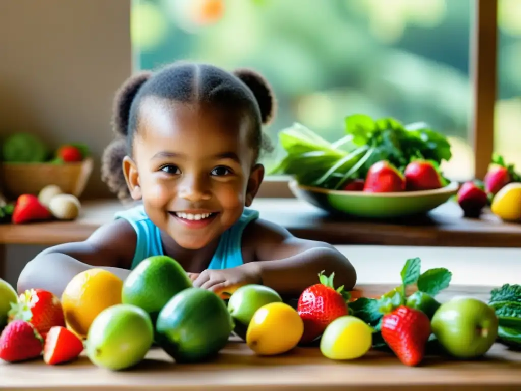 Un niño sonriente elige una fresa madura rodeado de frutas y verduras orgánicas, iluminado por luz natural