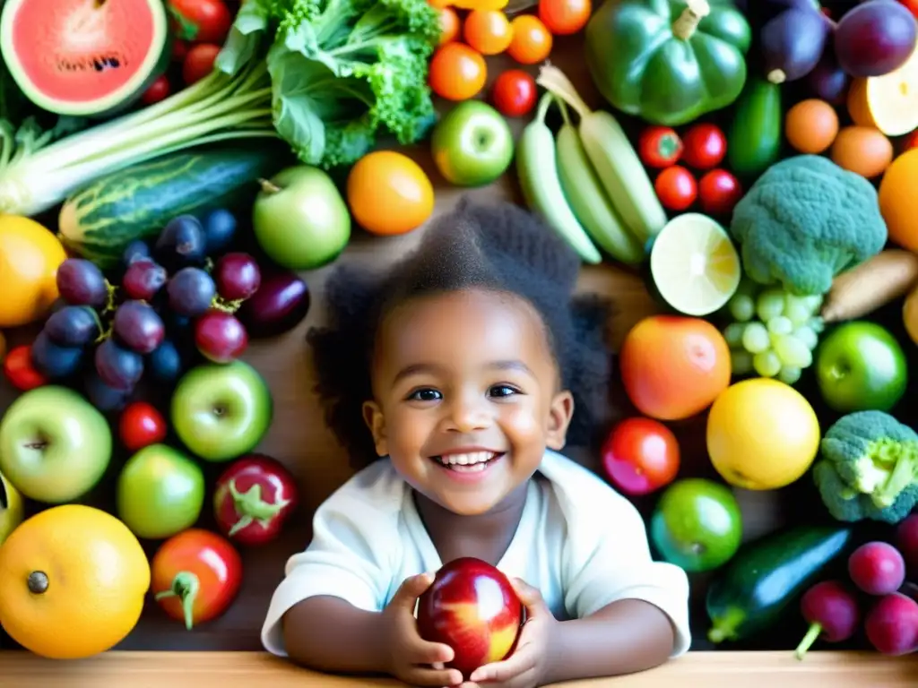 Un niño sonriente rodeado de frutas y verduras orgánicas, mostrando los beneficios de una alimentación saludable para niños