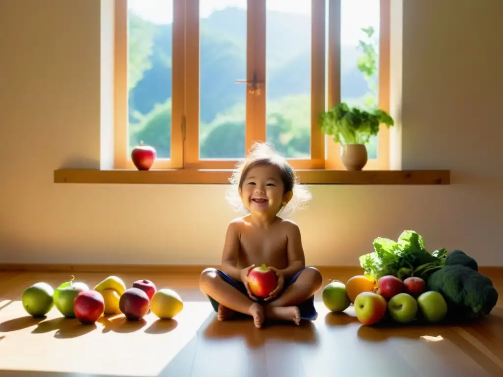 Un niño sonriente rodeado de frutas y verduras orgánicas en un ambiente cálido y acogedor